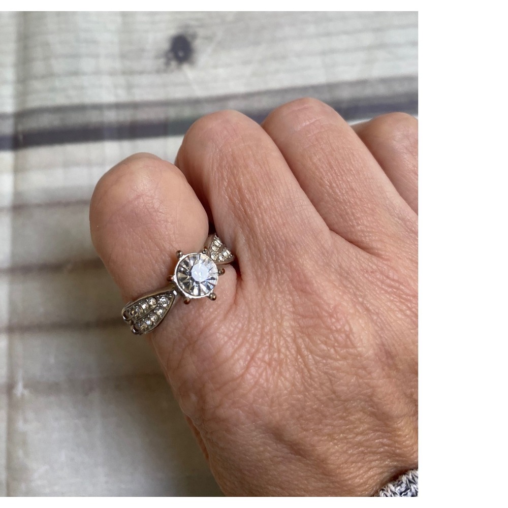 Silver Tone Round Cut Clear Stone Cocktail Ring with Beaded Stretch Band Detail